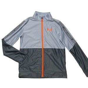 Boys Under Armour Gray Orange Full Zip Track Jacket Loose HeatGear Large YLG‎